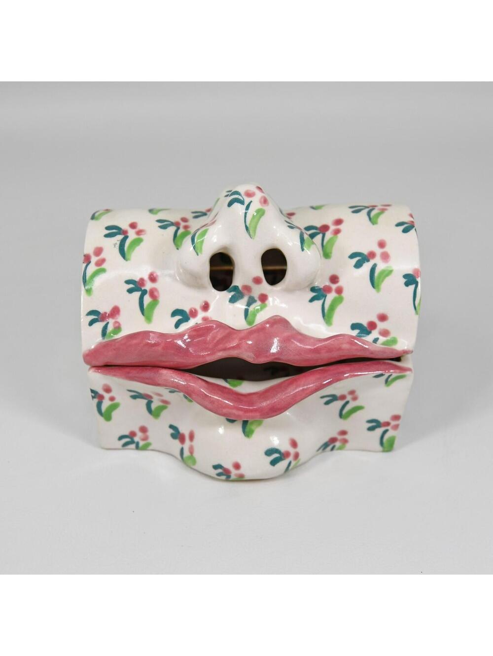 Vintage Nose Lips Mouth Face Trinket Stash Box Handmade Art Pottery Signed 1980s